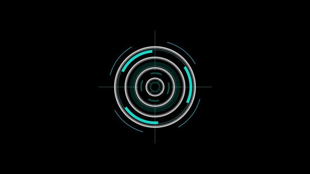 Digital radar display featuring rotating segments and high-tech user Suitable for technology.Depicting a sophisticated target scope circular HUD interface with concentric rings on a black background.