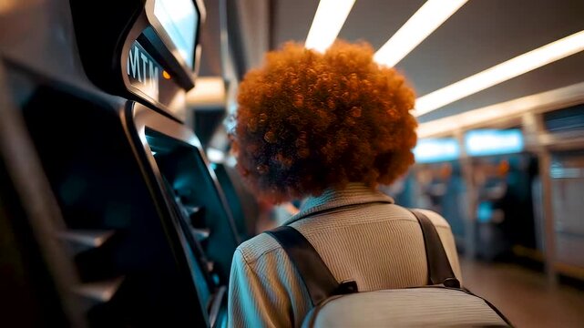 Young commuter with backpack standing inside modern subway train carriage under soft interior lighting during daily urban public transport journey