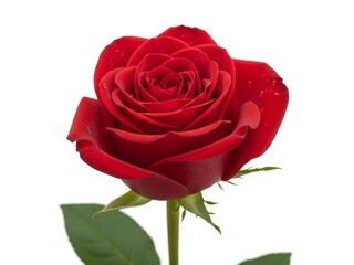 Single vibrant red rose with dew drops isolated on white background
