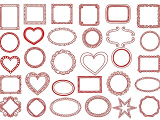 Collection of ornate red frames and shapes isolated on white background