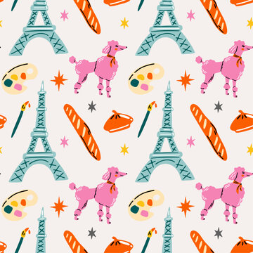 Paris aesthetic seamless vector pattern with cute cartoon retro illustration of Eiffel Tower, baguette, poodle dog, lifestyle elements for travel to France blog concept design