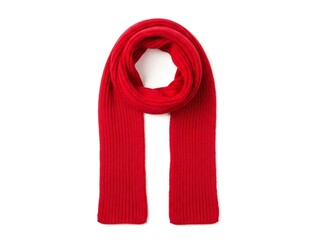 Vibrant red knitted scarf displayed against white background isolated on white background