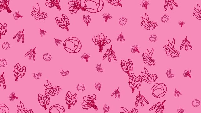 Cute Doodle Vegetable Seamless Pattern. Line Art Sketch Food Background Video.