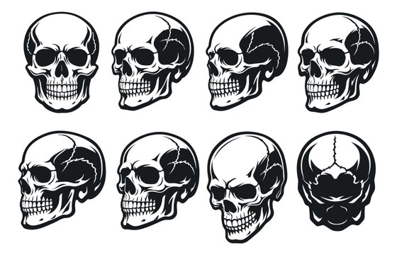 Graphic line art human skull set featuring various views and angles for Halloween and tattoo designs