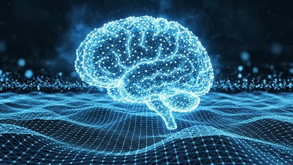 A futuristic video visualization of a brain made of tiny blue dots and lines on a digital grid background