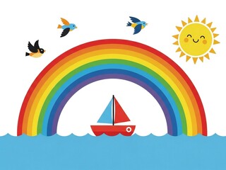 Vibrant rainbow arching over calm waters with sailing boat and birds isolated on white background