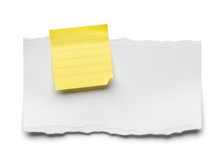 Single yellow post-it note on white paper isolated on white background
