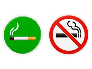 Signs indicating smoking and no smoking isolated on white background