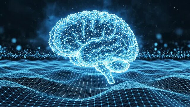 A futuristic video visualization of a brain made of tiny blue dots and lines on a digital grid background