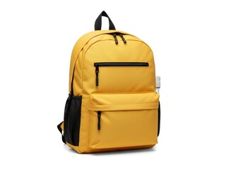 Bright yellow backpack with multiple compartments isolated on white background