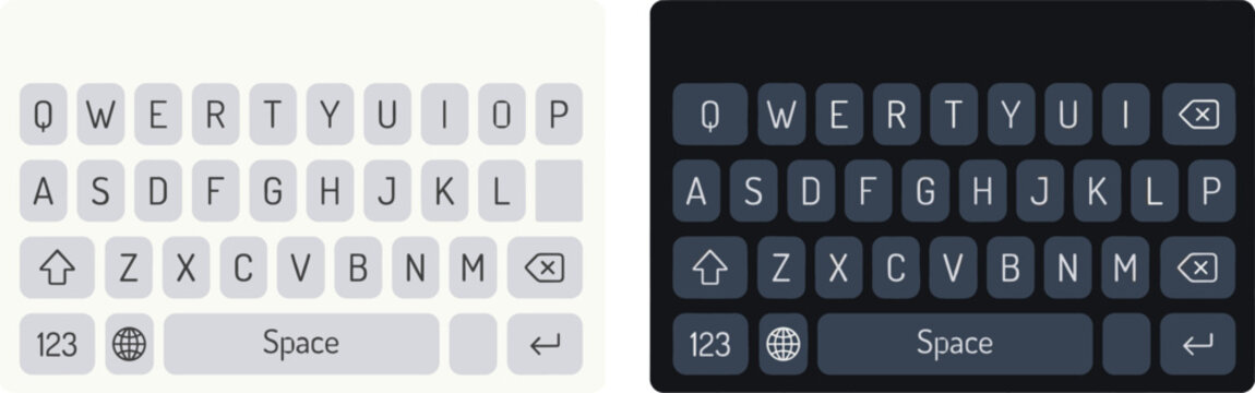 Virtual QWERTY keyboard layouts with light and dark themes, mobile typing interface vector artwork