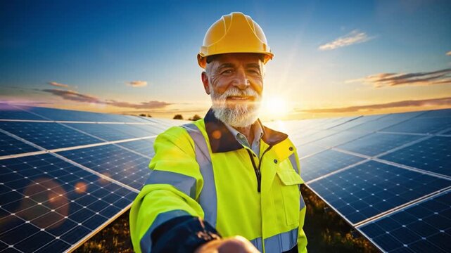 Solar Energy Visionary: A seasoned engineer stands proudly amidst a vast array of solar panels, capturing the essence of renewable energy and sustainable innovation.