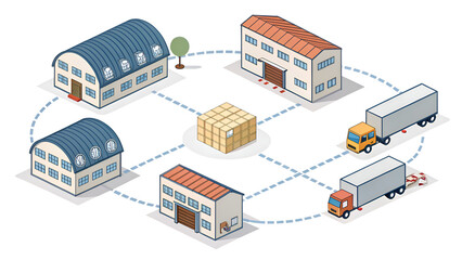 Fototapeta premium Cartoon style network of rounded warehouse blocks with trucks and cargo boxes on white background