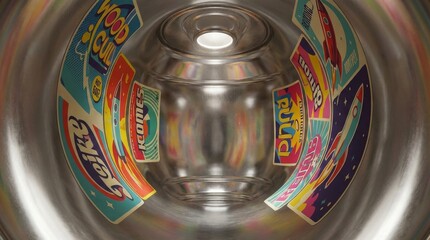 カラフルなステッカーが貼られた金属パイプ内部のポップなトンネル空間 generative ai