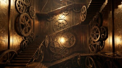 巨大な歯車と階段が入り組むスチームパンク風の機械仕掛けの内部空間 generative ai