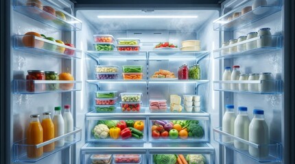 新鮮な野菜や果物が綺麗に整頓された明るい冷蔵庫の内部空間 generative ai