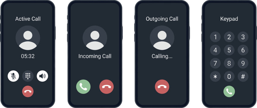 Smartphone call interface designs with active, incoming, outgoing, and keypad screens, mobile communication vector artwork