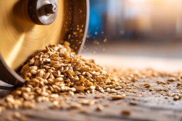 Obraz premium Close-Up of Grains Spilling from an Industrial Metal Wheel on a Surface