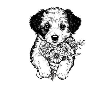 Charming puppy with flowers in black and white sketch.
