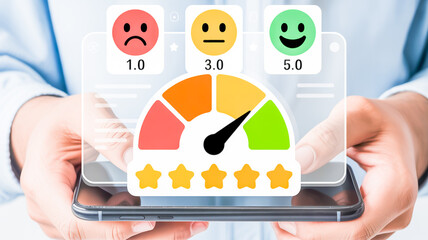 Customer satisfaction meter with emoticons and star ratings displayed on a smartphone screen feedback
