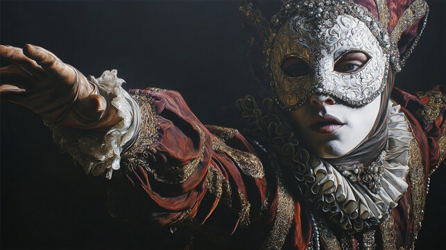 Dancing woman w/ a white masquerade mask, expressive, dramatic oil painting on canvas, rich colors, hyperrealistic, pantomime