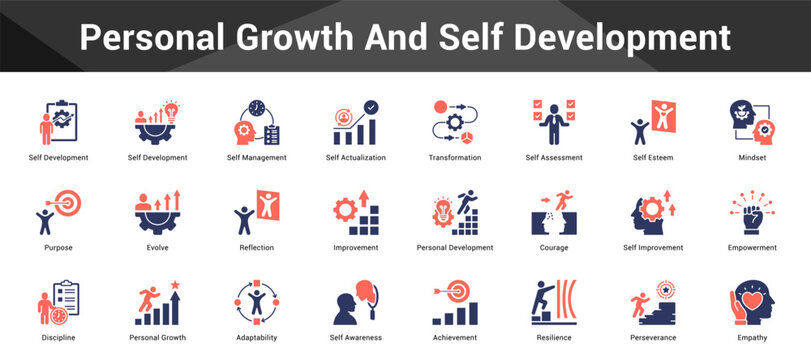 Personal Growth And Self Development Cohesive set of minimalist vector icons representing key ideas with visual clarity