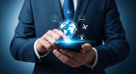 Businessman in Suit Holding Smartphone with Global Technology Network Interface and Digital Icons Floating, Future Connectivity