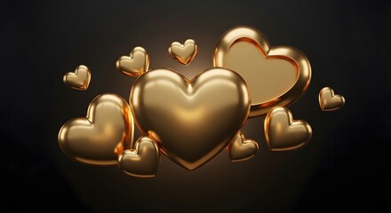 Golden hearts cluster with large central heart and smaller surrounding hearts on dark background