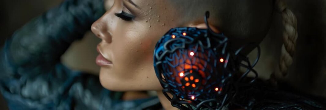 crazy female cyborg dj with glowing led headphones, futuristic cyber dj woman in neon nightclub, intergalactic techno cyborg performer portrait