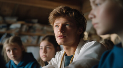 Fototapeta premium An educational scene depicts students learning about x-ray technology and its applications in anatomy studies, illustrating the significance of x-ray imaging in medical education. cinematic color