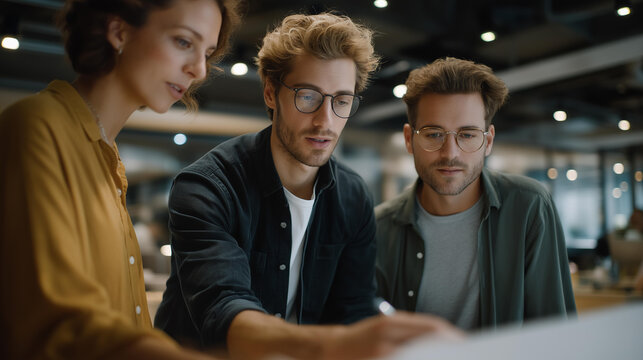 A creative session unfolds in a vibrant branding agency studio as team members sketch logos and packaging concepts, focusing on translating brand stories into engaging visuals that attract consumer