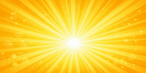 Obraz premium Abstract background vector with a bright summer sunburst and orange rays forming a warm sunrise illustration of glowing sunlight in a yellow sky