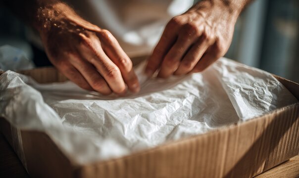 Hands Preparing Packaging Material for Business Workflow and Repacking Tasks