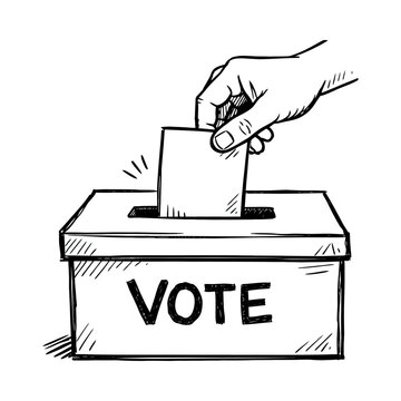 Hand drawn line art illustration of a hand and ballot box depicting a ballot being cast for election