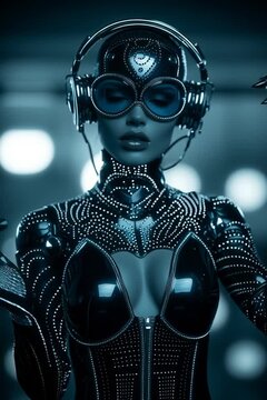 crazy female cyborg dj with glowing led headphones, futuristic cyber dj woman in neon nightclub, intergalactic techno cyborg performer portrait