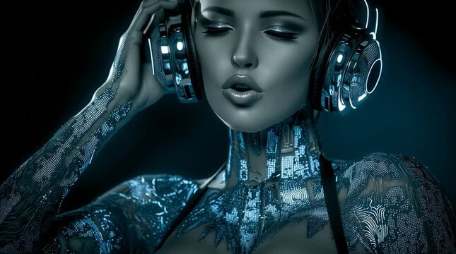 crazy female cyborg dj with glowing led headphones, futuristic cyber dj woman in neon nightclub, intergalactic techno cyborg performer portrait