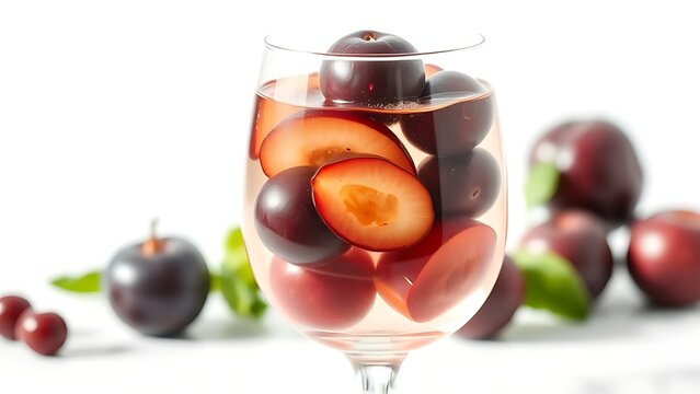 schnapps. Crystal glass filled with clear plum schnapps and whole fruits, natural light. bar promotions, beverage menus, designed for food & beverage menus and cafe branding.
