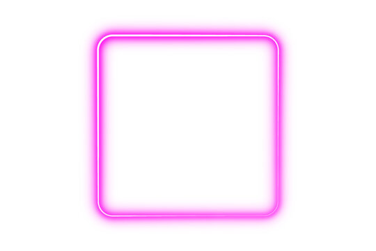 Pink neon glowing rounded square decorative border frame design element. Bright futuristic luminous empty center border and vibrant shining light effect. Vector illustration.