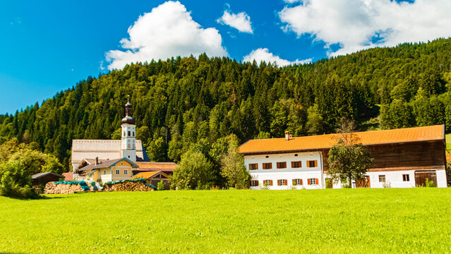 Alpine summer view with a church at Sachrang, Aschau im Chiemgau, Rosenheim, Bavaria, Germany
