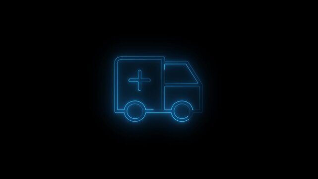 Neon ambulance icon with a medical cross. Represents emergency medical services, swift healthcare, first aid and hospital transport. Neon blue color ambulance icon on black background.