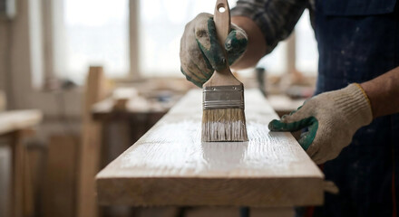 A person applying varnish to a wooden surface in a well-lit workshop with a paintbrush in hand standing beside a workbench