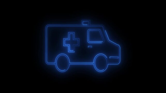 Neon ambulance icon with a medical cross. Represents emergency medical services, swift healthcare, first aid and hospital transport. Neon blue color ambulance icon on black background.