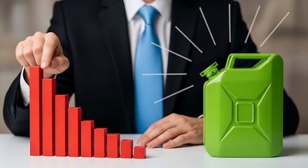 Declining fuel prices and energy market trend with businessman and gas can