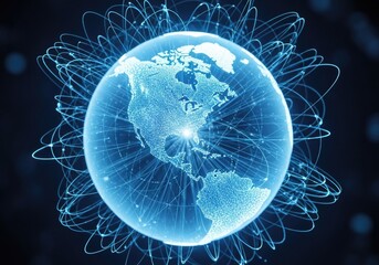 Digital globe with glowing network connections spanning across north america, representing global connectivity and data transfer in a futuristic digital world