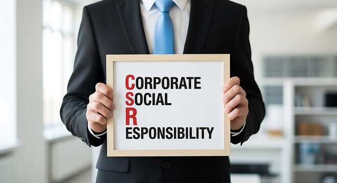 Businessman holding a sign with corporate social responsibility csr concept