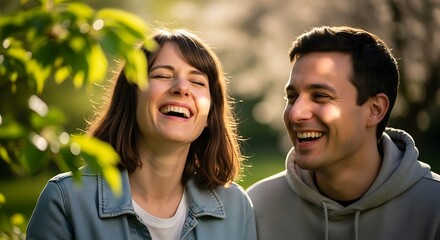Obraz premium A happy couple laughing together outdoors in a natural setting