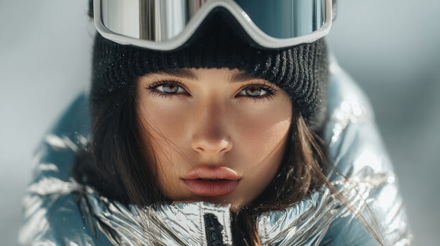 Model wearing a shiny silver puffer jacket paired w/ white ski goggles & a black knit beanie. The scene features a bright snowy background under soft natural daylight. Minimal winter fashion editorial