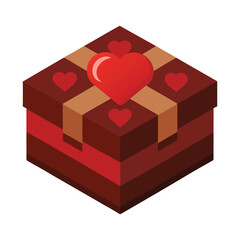 Red Isometric Gift Box with Hearts Vector Illustration 