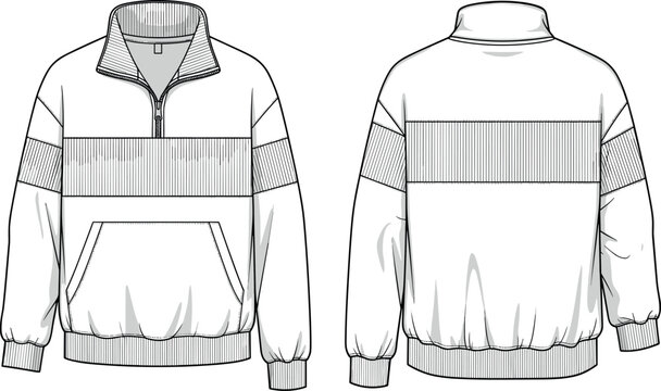 Men half zip sweatshirt technical fashion sketch, front and back view pullover jacket, casual apparel illustration