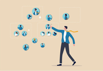 Reorganization or reorg to adjust, allocate resources, change team structure for efficiency, restructure organization, department and job roles concept, businessman ceo reorganize employee role chart